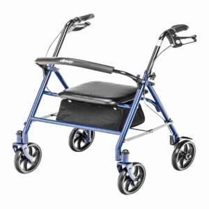 Drive Medical 10257BL-1 4 Wheel Rollator Walker With Seat, Steel Rolling Walker, Height Adjustable, 7.5" Wheels, Removable Back Support, Blue