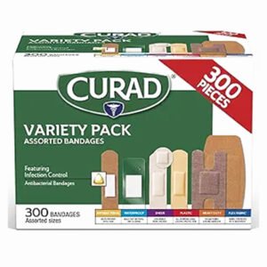 CURAD Assorted Bandages Variety Pack, 300 Count, 6 Styles Including Antibacterial, Waterproof, Sheer, Plastic, Heavy Duty & Flex-Fabric, Protects Scrapes, Cuts & Burns, Latex-Free