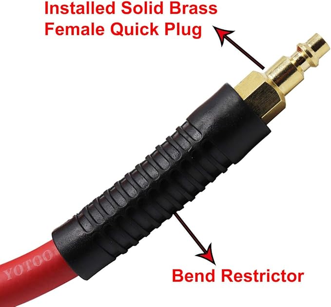 YOTOO Hybrid Air Hose 3/8-Inch by 50-Feet 300 PSI Heavy Duty, Lightweight, Kink Resistant, All-Weather Flexibility with 1/4-Inch Brass Male Fittings, Bend Restrictors, Red - Image 2
