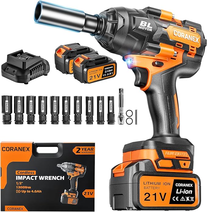 1/2" Cordless Impact Wrench | 1300N.m (960ft-lbs) | 2x4.0Ah Batteries - Longer Runtime | Fast Charger | Variable Speed Control | Brushless Motor High Torque Impact Gun for Auto Repair, Home