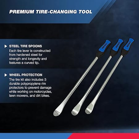 NEIKO 20601A 14.5” Steel Tire Spoons Tool Set, Tire Tools Include 3 Piece Tire Spoons, 3 Piece Rim Protector, Valve Tool, 6 Piece Valve Cores, Motorcycle Tire Changer, Dirt Bike Tire Levers - Image 3