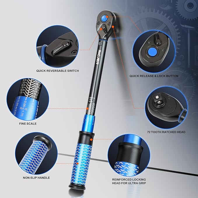 UPGRADE 3/8" Drive Click Torque Wrench,5-50Ft.Lb,Dual-Direction Adjustable 72 Tooth Click Torque Wrench for Bike, Motorcycle,Professionals & DIYers,Blue - Image 3