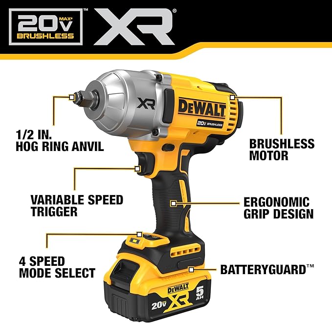DEWALT 20V MAX Cordless Impact Wrench with Hog Ring Anvil, Brushless High Torque 1/2 Impact Gun, 4-Mode Speed, Includes Battery, Charger and Kit Bag (DCF900P1) - Image 3