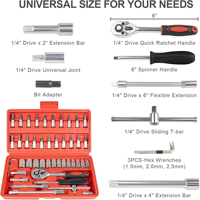 46PCS Small Drive Socket Ratchet Wrench Screwdriver Set, 1/4 Inch Metric Socket and Ratchet Wrench Set with Extension Bar, Upgrade Compact Tool Set for Car - Image 2