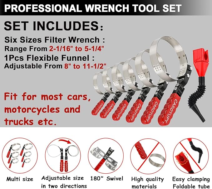 7pcs Oil Filter Wrench Set with Small Oil Funnel for Oil Change, Adjustable Oil Filter Removal Tool 2-1/16"-5-1/4" - Image 3
